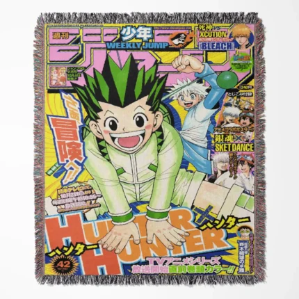 Hunter x Hunter woven tapestry throw blanket, iconic wall art and room decor, perfect as a gift for Hunter x Hunter fans.