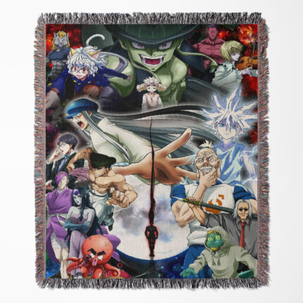 Hunter x Hunter woven tapestry throw blanket, bold wall art and room decor, perfect accent for any space inspired by the Hunter x Hunter universe.