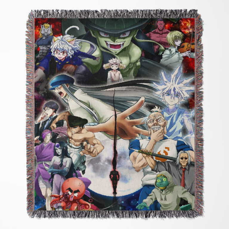 Hunter x Hunter woven tapestry throw blanket, bold wall art and room decor, perfect accent for any space inspired by the Hunter x Hunter universe.