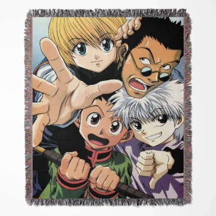 Hunter x Hunter woven tapestry throw blanket, designed as cool anime room decor, perfect for wall art, rugs, and a great gift idea for anime fans.