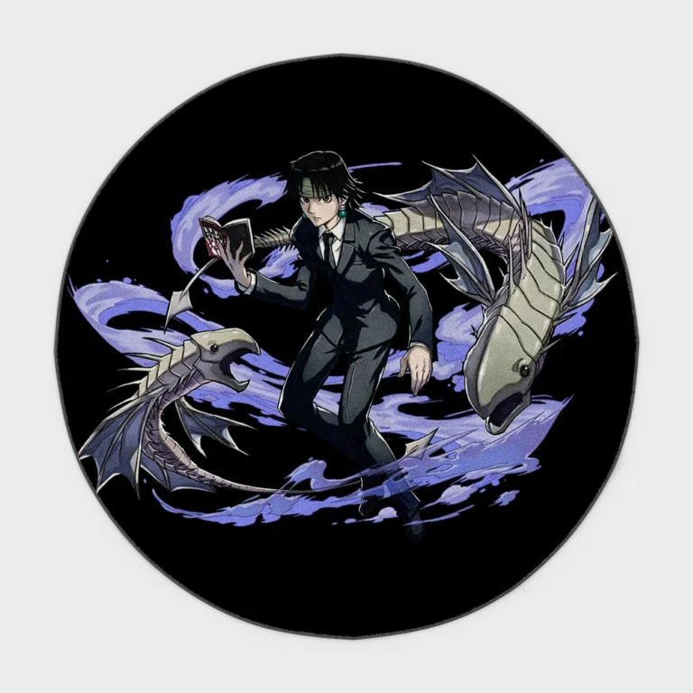 Bring the calm yet deadly presence of *Chrollo* into your room with this stylish round rug. Ideal for room decor or as a collector display, it adds sophistication and style to your space.