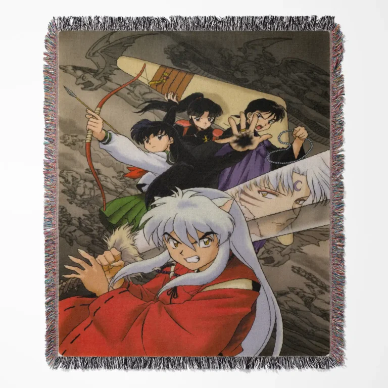 Inuyasha woven tapestry throw blanket, cozy home decor, room art, and perfect gift for fans of the classic anime Inuyasha.