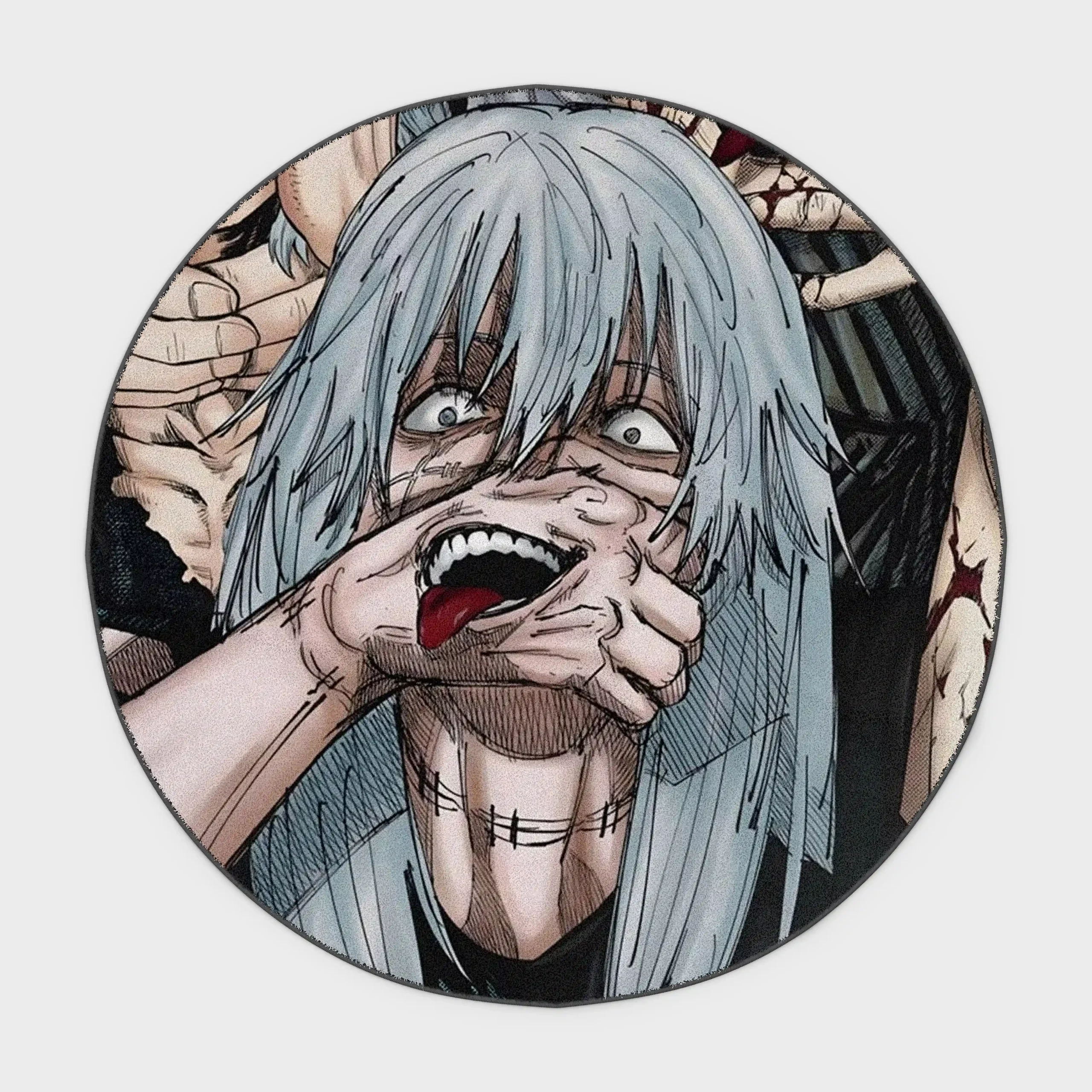 jjk-mahito-round-rug-1-scaled For fans of *Jujutsu Kaisen*, this Mahito round rug brings style and charm to any gaming room or as a gift. Its unique design captures the essence of the character, perfect for any fan.