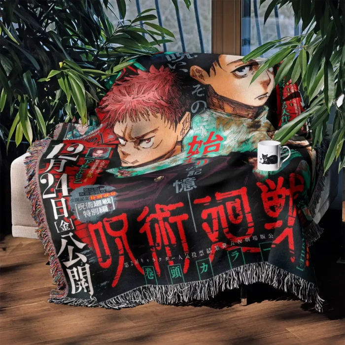 JJK Manga Cover Anime Woven Tapestry Throw Blanket – Wall Rug, Room & Home Decor, Perfect Anime Gift - Image 3