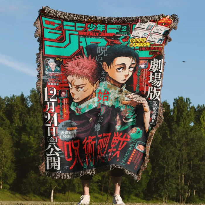JJK Manga Cover Anime Woven Tapestry Throw Blanket – Wall Rug, Room & Home Decor, Perfect Anime Gift - Image 4