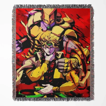 JoJo Dio woven tapestry throw blanket, dark wall art, home decor, and cozy throw for fans of the infamous Dio Brando from JoJo's Bizarre Adventure.