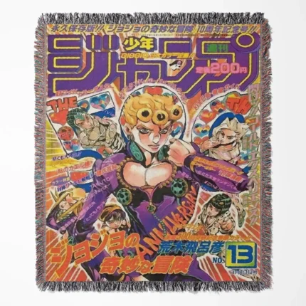 JoJo Manga Cover Adventure woven tapestry throw blanket, iconic wall art and room decor, perfect as a collectible gift for JoJo's Bizarre Adventure fans.
