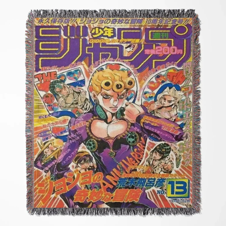 JoJo Manga Cover Adventure woven tapestry throw blanket, iconic wall art and room decor, perfect as a collectible gift for JoJo's Bizarre Adventure fans.