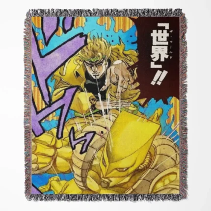 JoJo Dio woven tapestry throw blanket, dark wall art, home decor, and cozy throw, perfect for fans of the infamous Dio Brando from JoJo's Bizarre Adventure.