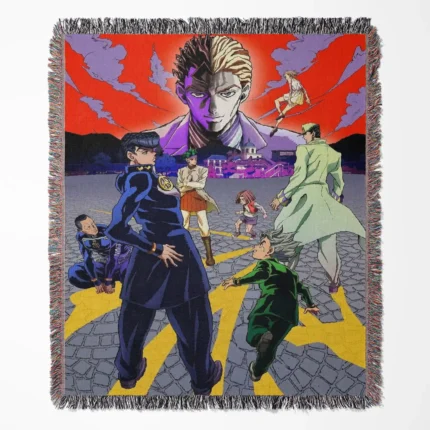 JoJo woven tapestry throw blanket, unique wall art and room decor, cozy throw for fans of JoJo's Bizarre Adventure to add some flair to their space.