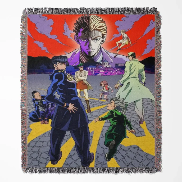 JoJo woven tapestry throw blanket, unique wall art and room decor, cozy throw for fans of JoJo's Bizarre Adventure to add some flair to their space.