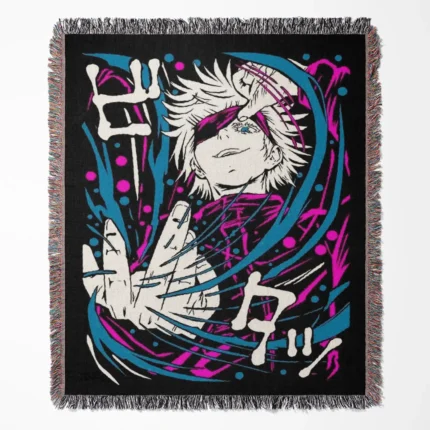 JJK Satoru Gojo woven tapestry throw blanket, minimalist throw, room decor, and stylish accent for fans of Jujutsu Kaisen’s beloved character.
