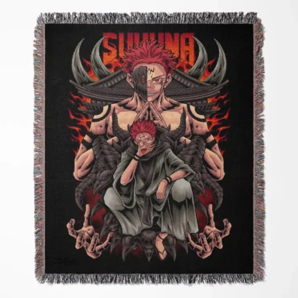 JJK Sukuna woven tapestry throw blanket, cool wall art and room decor, bold room accent for fans of Jujutsu Kaisen's villainous Sukuna.