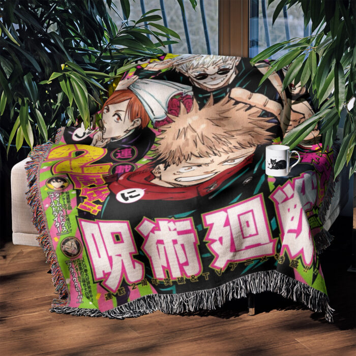 JJK Manga Cover Anime Woven Tapestry Throw Blanket – Vibrant Wall Art, Cozy Throw & Room Decor - Image 3