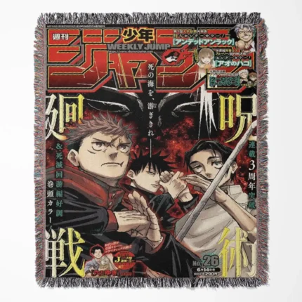 JJK Manga Cover woven tapestry throw blanket, stylish wall decor, room accent, and collectible gift for fans of Jujutsu Kaisen.