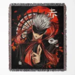 JJK Satoru Gojo woven tapestry throw blanket, unique wall hanging and room decor, collectible gift for fans of the powerful sorcerer Satoru Gojo.