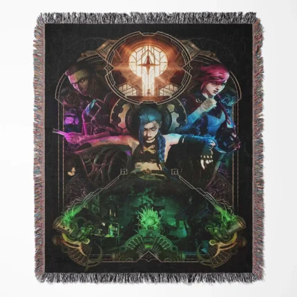 League of Legends Jinx woven tapestry throw blanket, featuring a bright wall rug design, ideal for stylish room decor and as a perfect gift for fans.