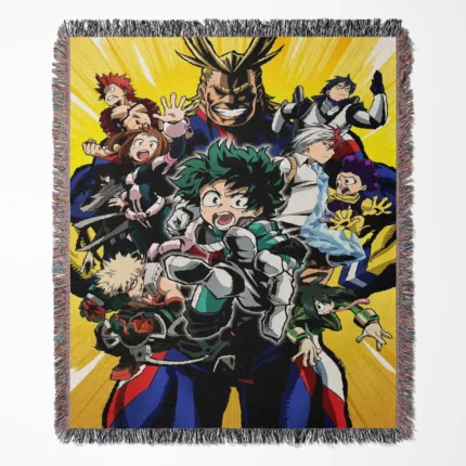 MHA woven tapestry throw blanket, stylish home accent, room decor, and wall hanging, perfect for otaku looking to decorate their space with My Hero Academia art.