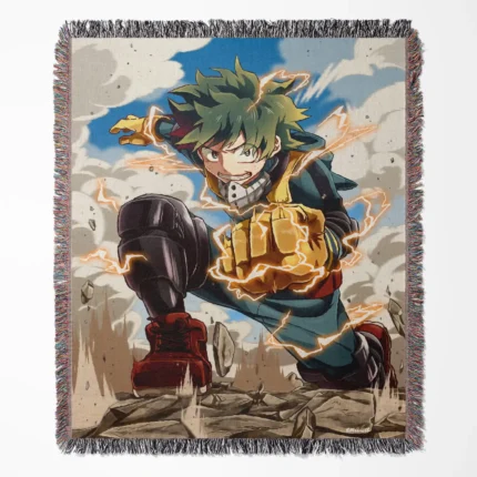 MHA woven tapestry throw blanket, cozy wall rug, room decor, and anime-inspired accent, perfect for creating a My Hero Academia-themed space.
