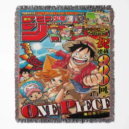 One Piece Manga woven tapestry throw blanket, featuring colorful wall rug design and cozy room decor, making it an excellent gift for anime and manga lovers.