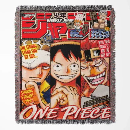One Piece woven tapestry throw blanket, bold wall art and room decor, perfect as a gift for fans of the One Piece universe.