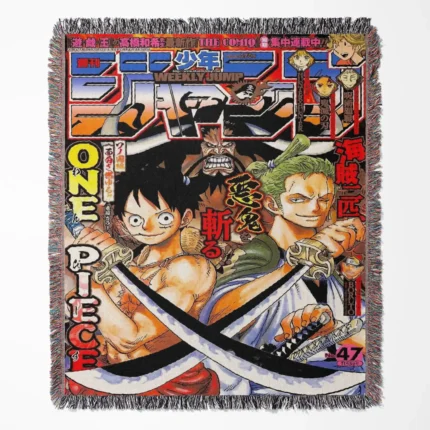 One Piece woven tapestry throw blanket, iconic room decor and wall art, perfect for fans of One Piece to add a collectible accent to their home.