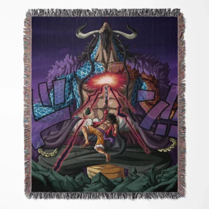 OP woven tapestry throw blanket, stylish wall art, cozy throw, and room decor, perfect for One Piece fans seeking a vibrant anime-inspired home accent.