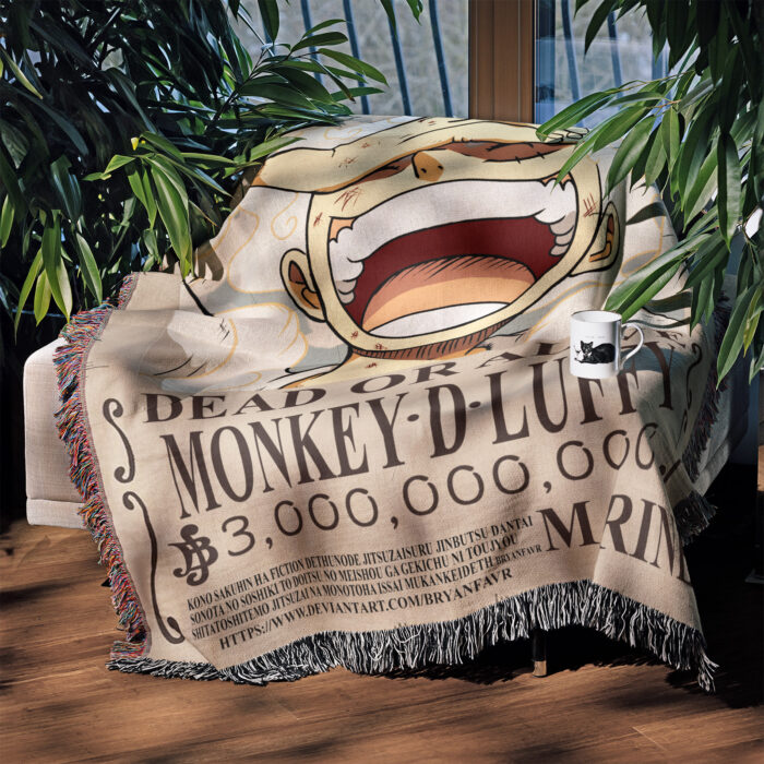 OP Luffy Wanted Poster Woven Tapestry Throw Blanket – Bold Wall Art, Room & Home Decor, Cozy Throw - Image 3
