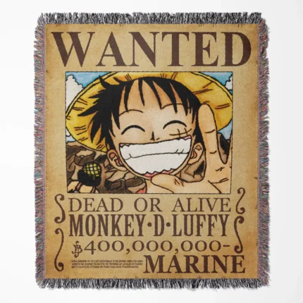 OP Luffy Wanted woven tapestry throw blanket, iconic wall rug and room decor, perfect gift for One Piece fans featuring Luffy’s wanted poster design.