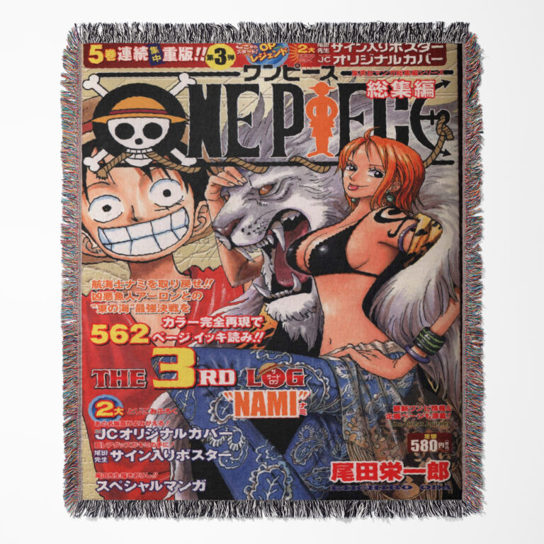 One Piece woven tapestry throw blanket, bold wall art and room decor, a perfect accent piece for fans of the legendary One Piece series.