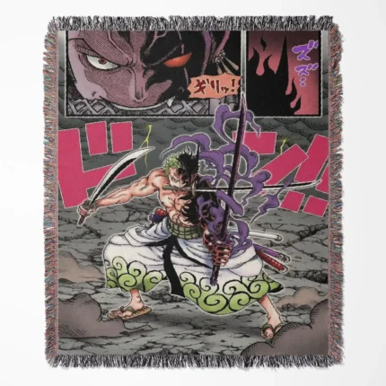 OP Zoro woven tapestry throw blanket, fierce home decor and room art, perfect gift for One Piece fans and admirers of Zoro’s warrior spirit.