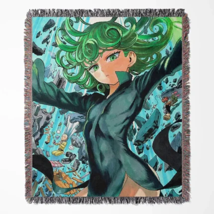 One Punch Tatsumaki woven tapestry throw blanket, dynamic wall art, stylish accent for fans of the powerful Tatsumaki from One Punch Man.