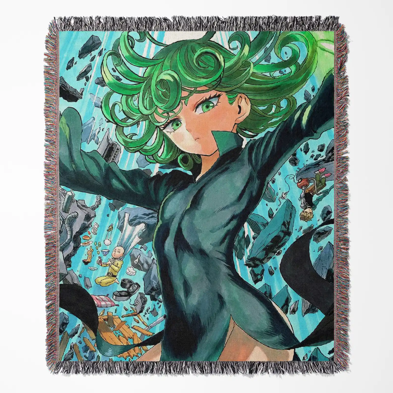 one-punch-man-woven-blanket-tapestry-13 One Punch Tatsumaki woven tapestry throw blanket, dynamic wall art, stylish accent for fans of the powerful Tatsumaki from One Punch Man.