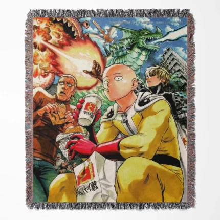 One Punch woven tapestry throw blanket, stylish wall rug and room decor, a perfect collectible gift for fans of the One Punch Man series.