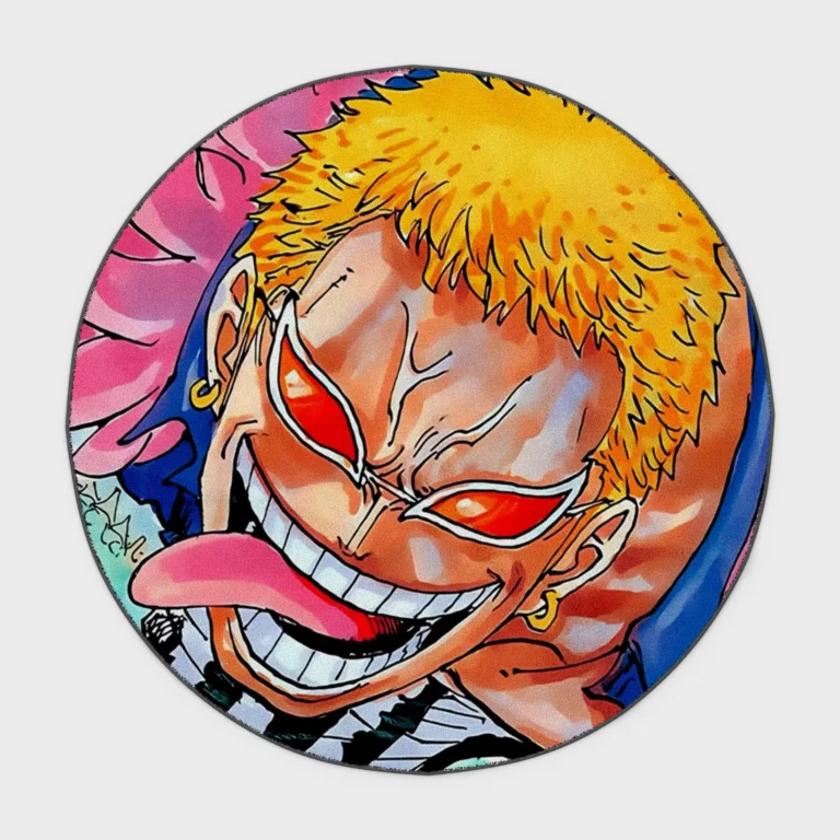 For fans of *One Piece*, this Doflamingo round rug is perfect for your gaming room or otaku decor. Its fierce design adds an epic touch to your space.