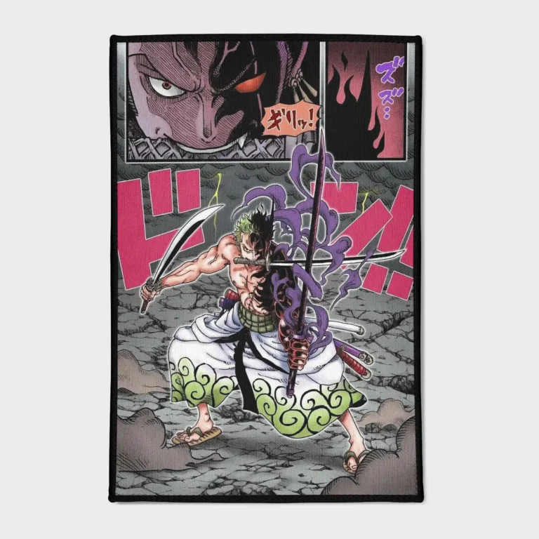 Bring the swordsmanship of *One Piece* into your space with this Zoro rug. Perfect for your gaming room or boys' room decor, it adds an epic and bold touch to your space.