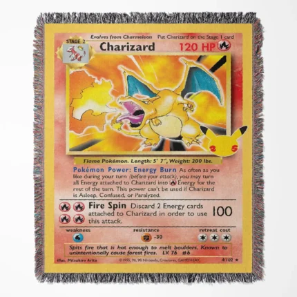 Charizard Card woven tapestry throw blanket, fiery wall art and room decor, ideal collector’s gift for fans of the fiery Pokémon Charizard.