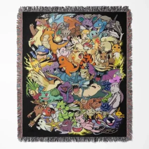 Poke woven tapestry throw blanket, wall art and room decor, perfect collectible gift for fans of the Pokémon universe.