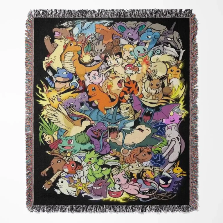 Poke woven tapestry throw blanket, wall art and room decor, perfect collectible gift for fans of the Pokémon universe.