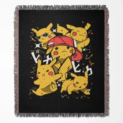Pikachu woven tapestry throw blanket, cute wall rug and room decor, iconic throw for fans of the beloved electric-type Pokémon Pikachu.