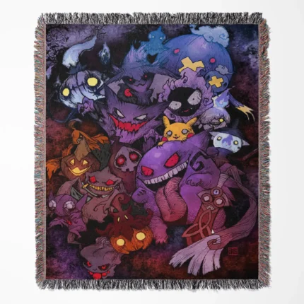 Gengar woven tapestry throw blanket, spooky wall art, cozy room decor, and an anime-inspired throw perfect for Halloween or Gengar fans.