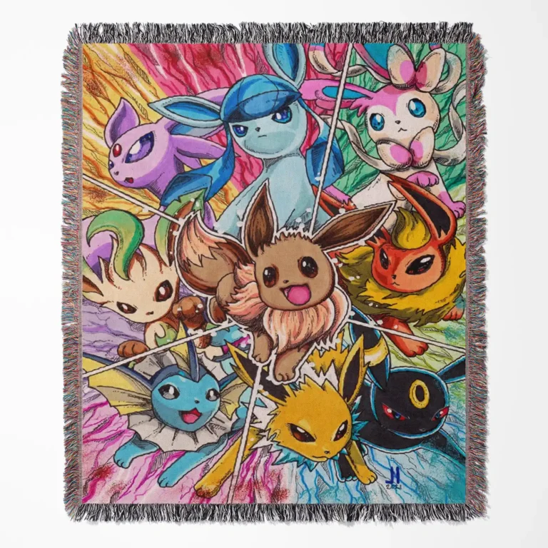 Eevee woven tapestry throw blanket, adorable wall hanging and room decor, a cute and cozy addition for any Pokémon fan’s space.