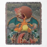 Charizard woven tapestry throw blanket, bold wall art and room decor, cozy throw for fans of the iconic fire-type Pokémon Charizard.