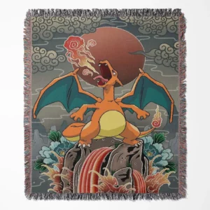 Charizard woven tapestry throw blanket, bold wall art and room decor, cozy throw for fans of the iconic fire-type Pokémon Charizard.