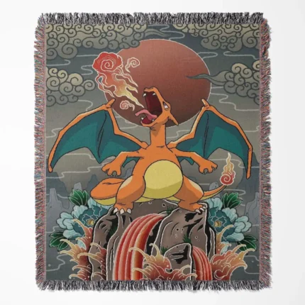 Charizard woven tapestry throw blanket, bold wall art and room decor, cozy throw for fans of the iconic fire-type Pokémon Charizard.