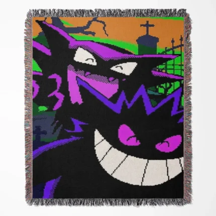 Gengar woven tapestry throw blanket, spooky wall art, cozy room decor, and an anime-inspired throw perfect for fans of the creepy and fun Gengar.