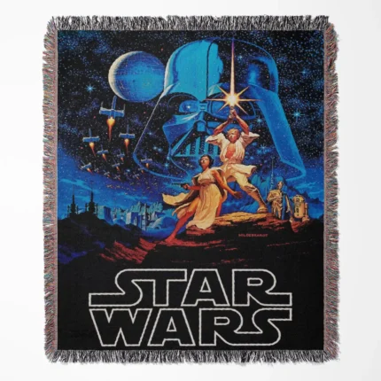 Star Wars woven tapestry throw blanket, offering retro wall art and fun room decor, perfect for collectors and Star Wars fans.