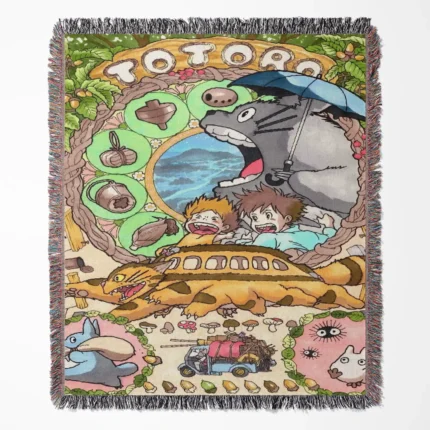 Studio Ghibli woven tapestry throw blanket, magical wall art and room decor, perfect for fans of Studio Ghibli films looking to add a whimsical touch to their space.