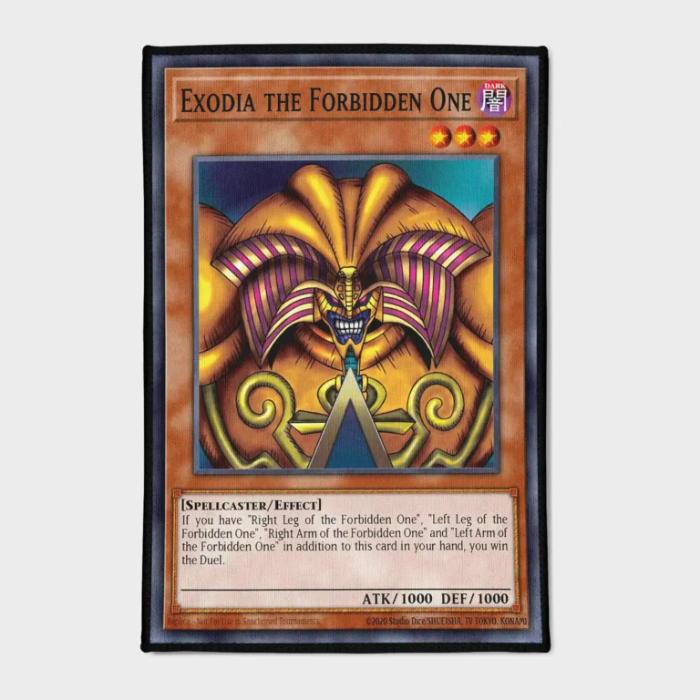 Step into the world of *Yu-Gi-Oh!* with this Exodia the Forbidden One rug. It’s a cool wall hanging and a unique gift for any fan of the legendary card.