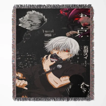 Tokyo Ghoul woven tapestry throw blanket, stylish wall art and room decor, a great gift for fans of the Tokyo Ghoul universe.